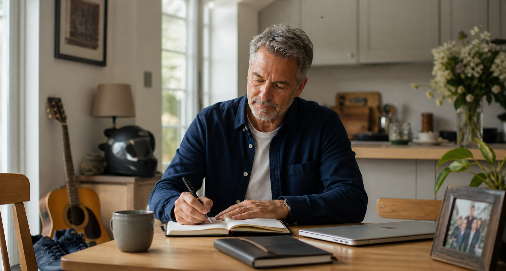 A man writing in a notebook at home, with reminders of family, fitness and new interests around him